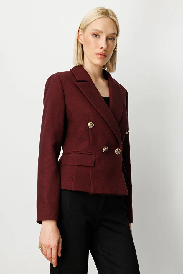EKOL Kruvaze Yaka Kaşe Kadın Ceket 5073 - bordo