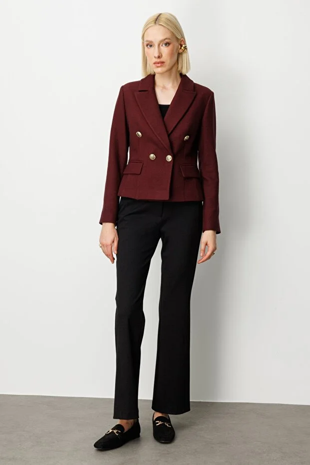 EKOL Kruvaze Yaka Kaşe Kadın Ceket 5073 - bordo