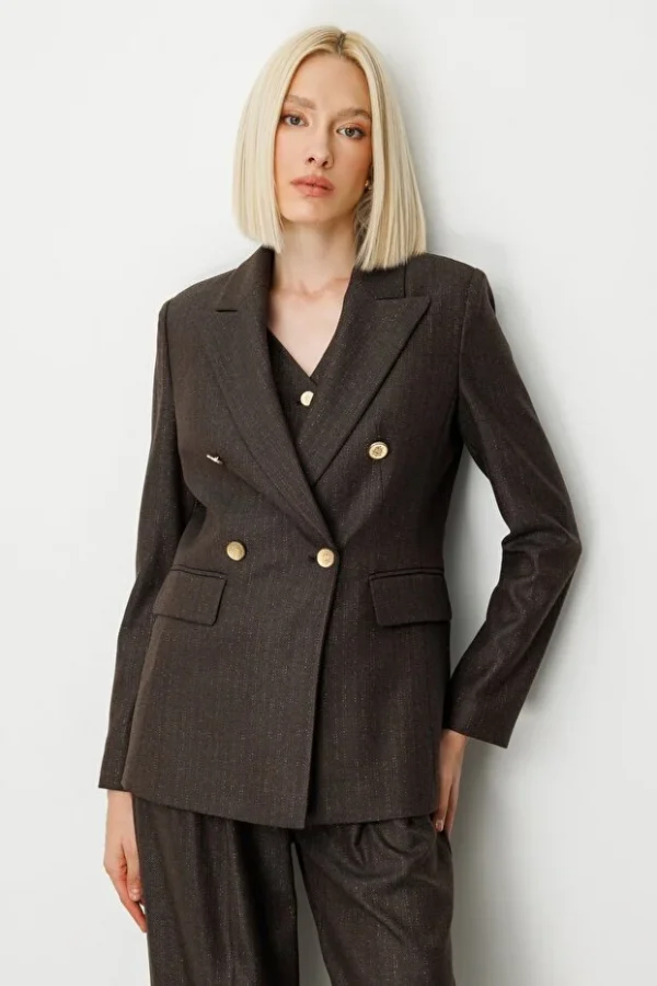 EKOL Kruvaze Yaka Çizgi Desenli Ceket 5107