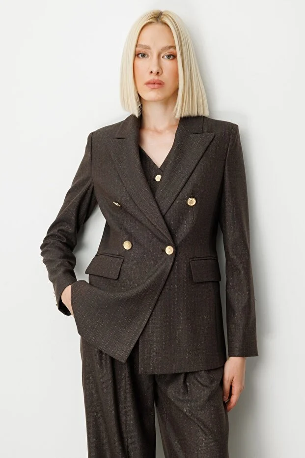 EKOL Kruvaze Yaka Çizgi Desenli Ceket 5107