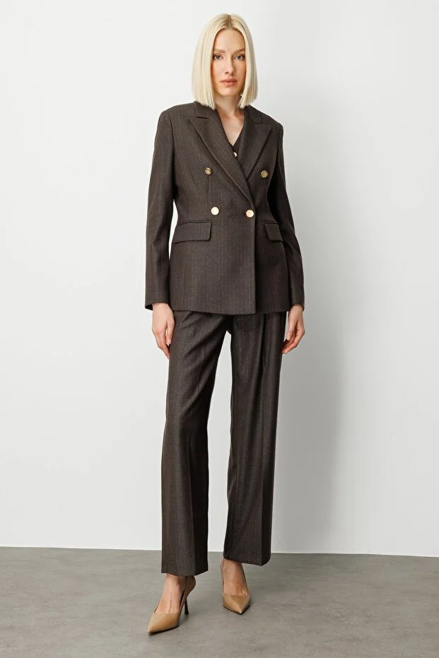 EKOL Kruvaze Yaka Çizgi Desenli Ceket 5107 - kahve