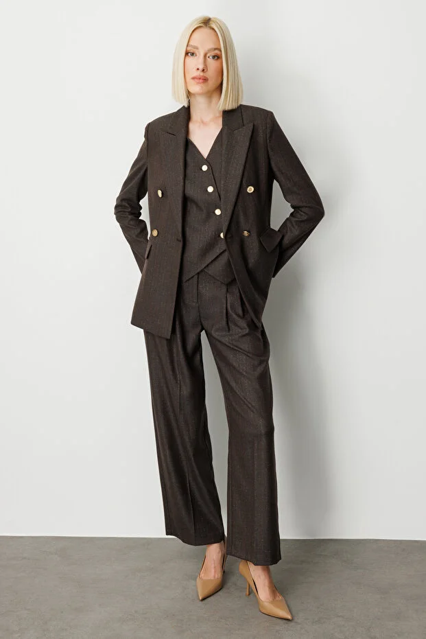 EKOL Kruvaze Yaka Çizgi Desenli Ceket 5107 - kahve