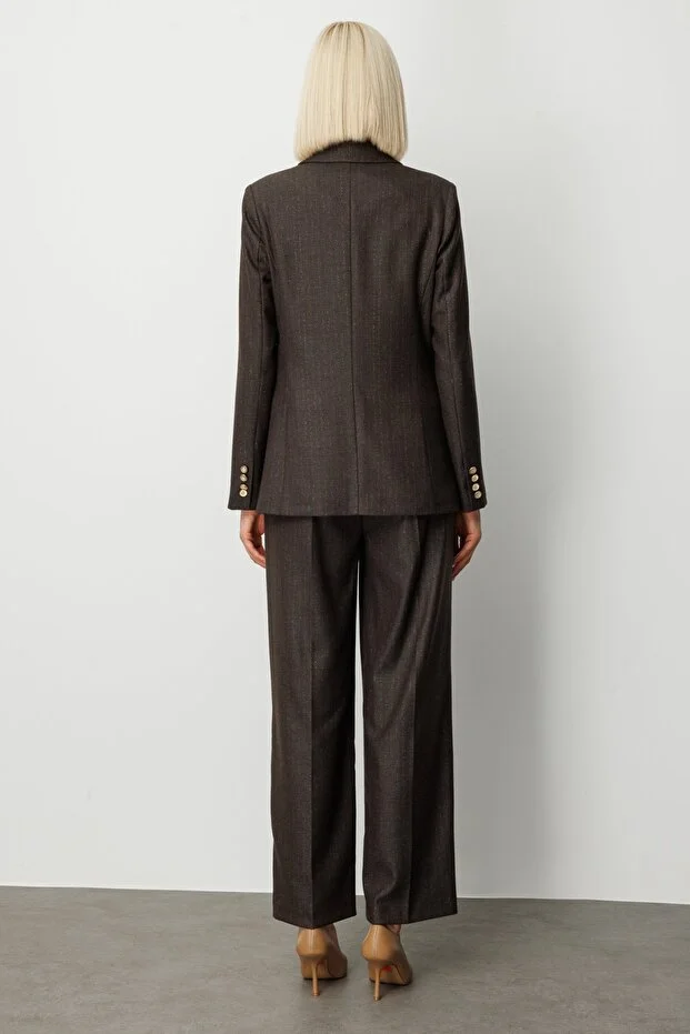 EKOL Kruvaze Yaka Çizgi Desenli Ceket 5107 - kahve