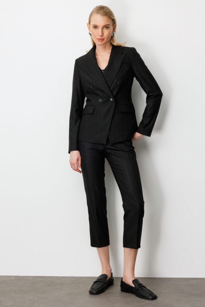 EKOL  Kruvaze Yaka Çizgili Ceket 5123