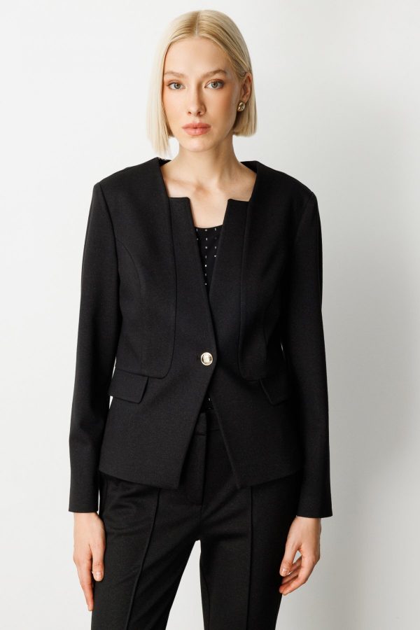 EKOL Tek Düğme Simli Kumaş Kadın Ceket 5141
