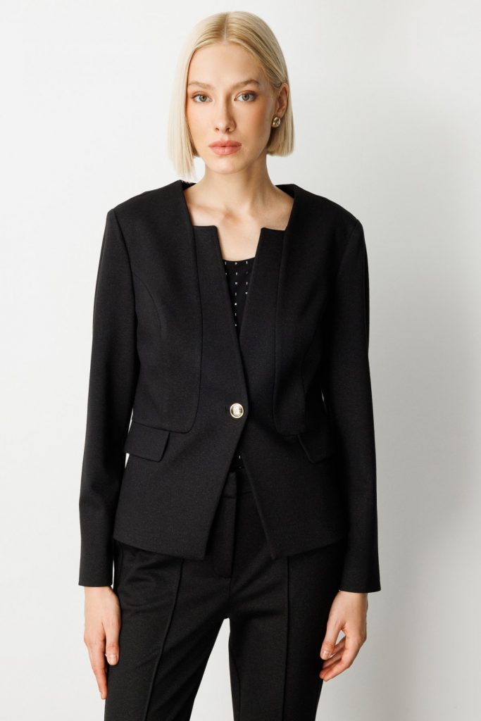 EKOL Tek Düğme Simli Kumaş Kadın Ceket 5141 - Siyah
