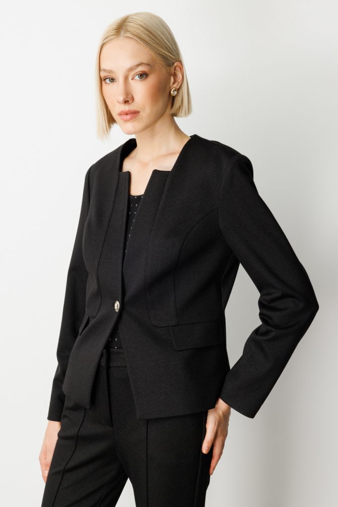 EKOL Tek Düğme Simli Kumaş Kadın Ceket 5141 - Siyah