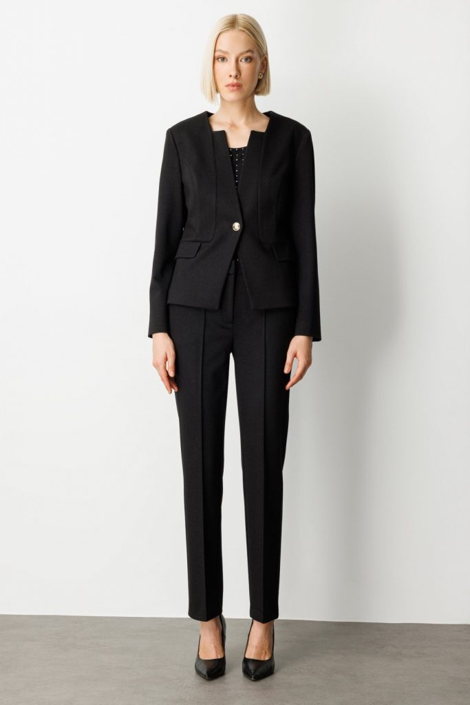 EKOL Tek Düğme Simli Kumaş Kadın Ceket 5141 - Siyah