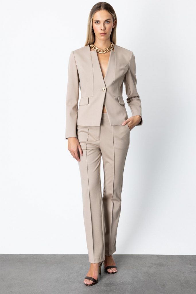 EKOL Tek Düğme Simli Kumaş Kadın Ceket 5141 - VİZON