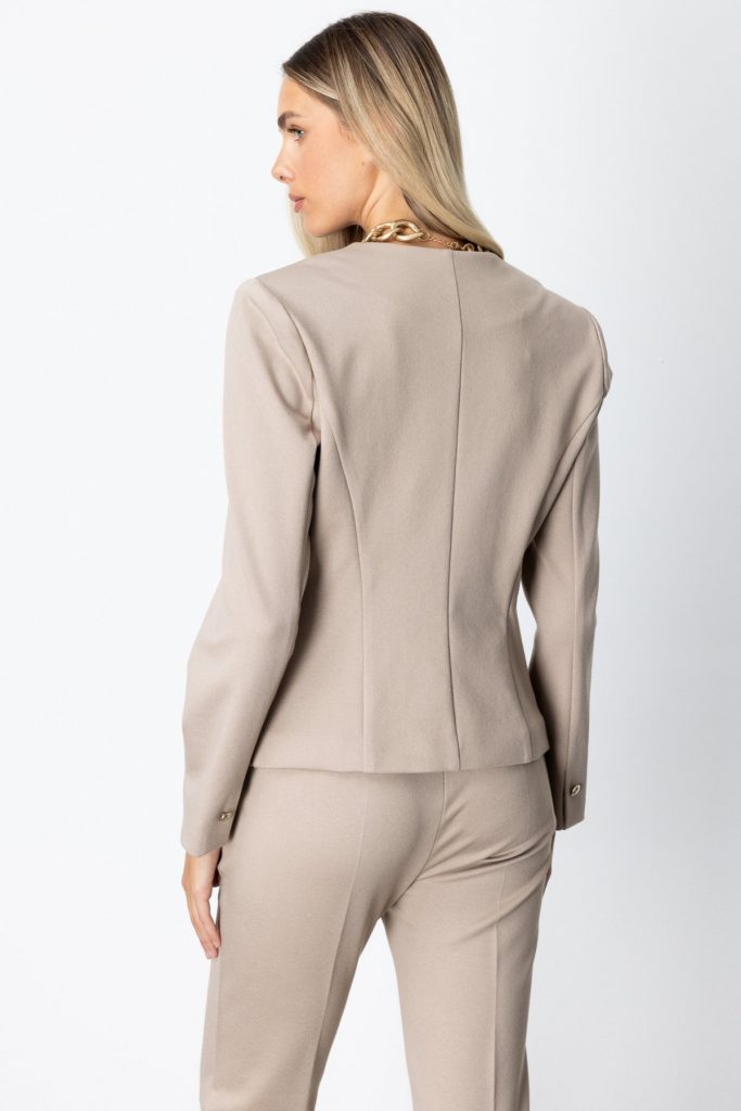 EKOL Tek Düğme Simli Kumaş Kadın Ceket 5141 - VİZON