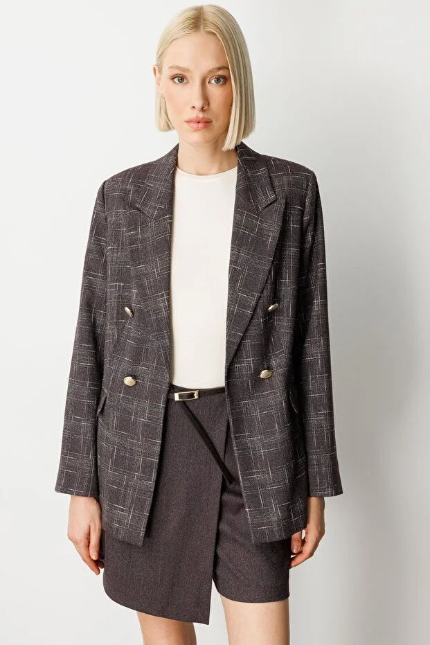 EKOL Ekoseli Kapak Cepli Ceket  5173 - bordo