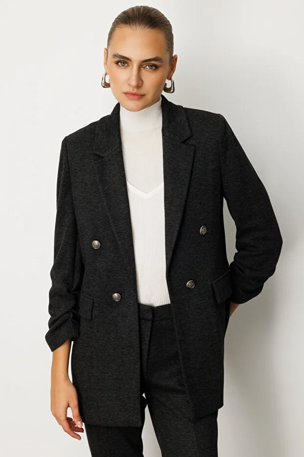 EKOL Kolu Büzgülü Kapak Cepli Ceket Antrasit 5187 - ANTRASİT