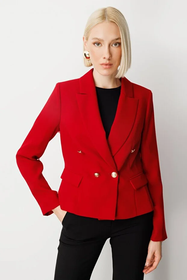 EKOL Kruvaze Yaka Vatkalı Ceket  5201 - KIRMIZI