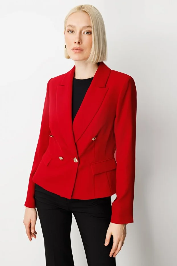 EKOL Kruvaze Yaka Vatkalı Ceket  5201 - KIRMIZI