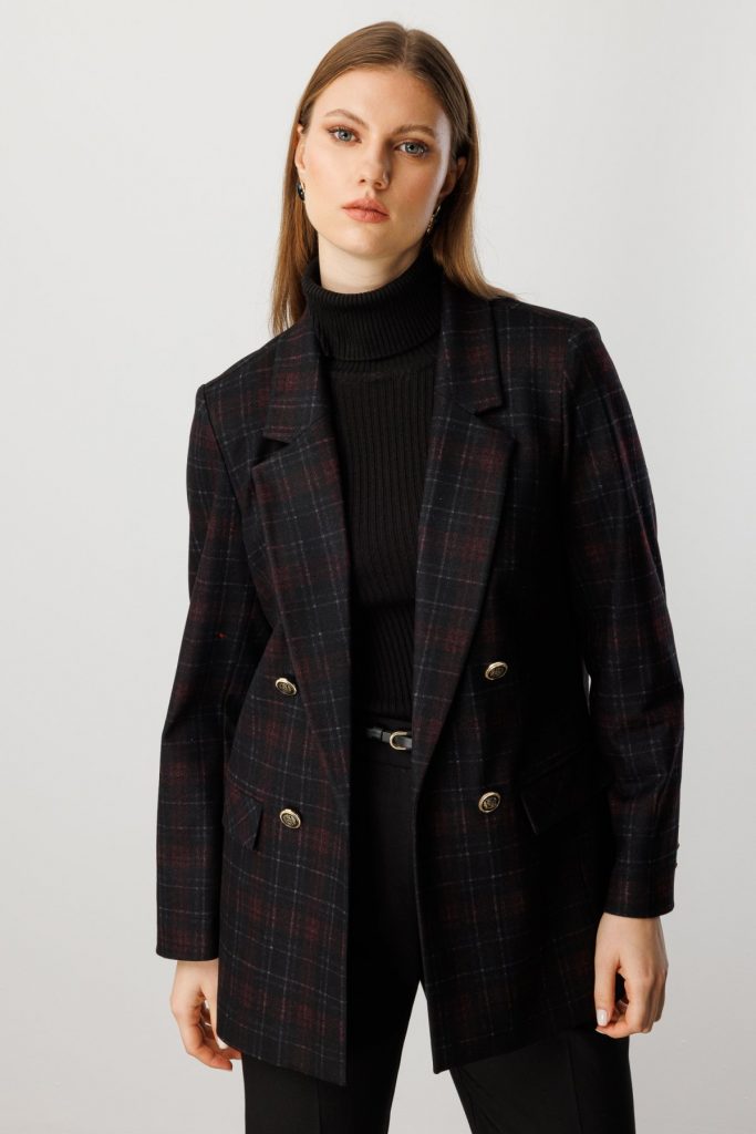 EKOL Ekoseli Kapak Cepli Ceket 5539-26k - bordo