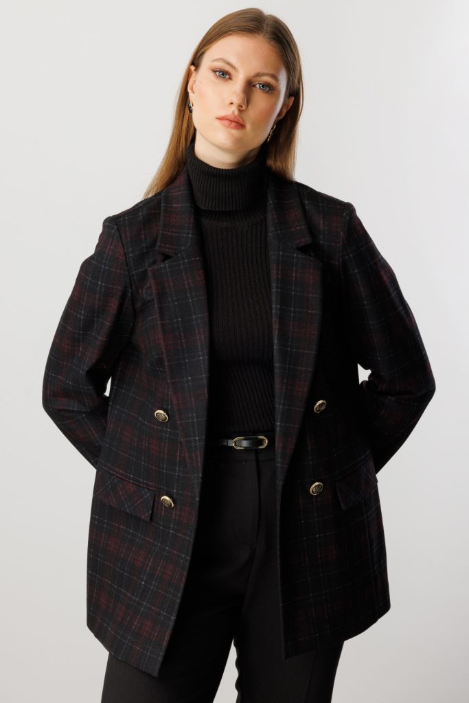 EKOL Ekoseli Kapak Cepli Ceket 5539-26k - bordo