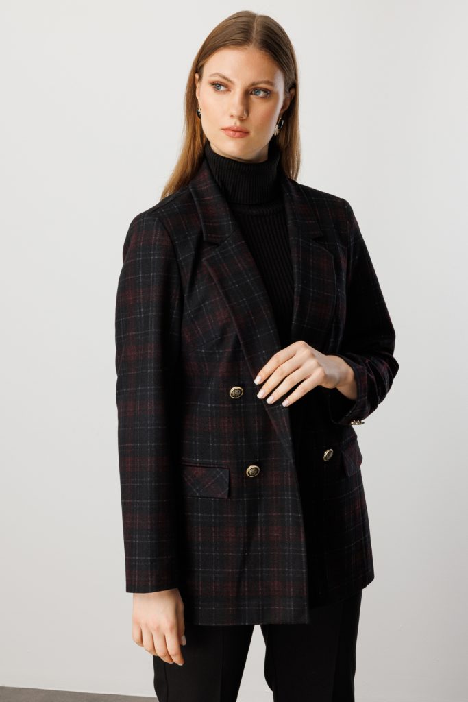 EKOL Ekoseli Kapak Cepli Ceket 5539-26k - bordo