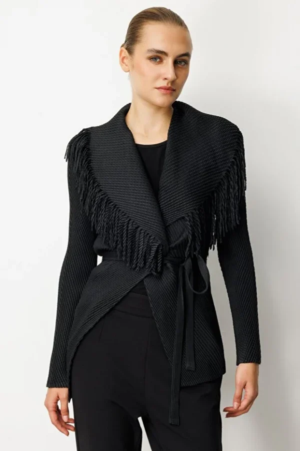 EKOL Beli Kuşaklı Püskül Detaylı Ceket 5905