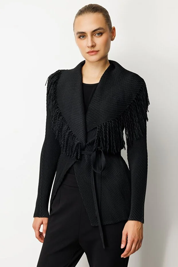 EKOL Beli Kuşaklı Püskül Detaylı Ceket 5905