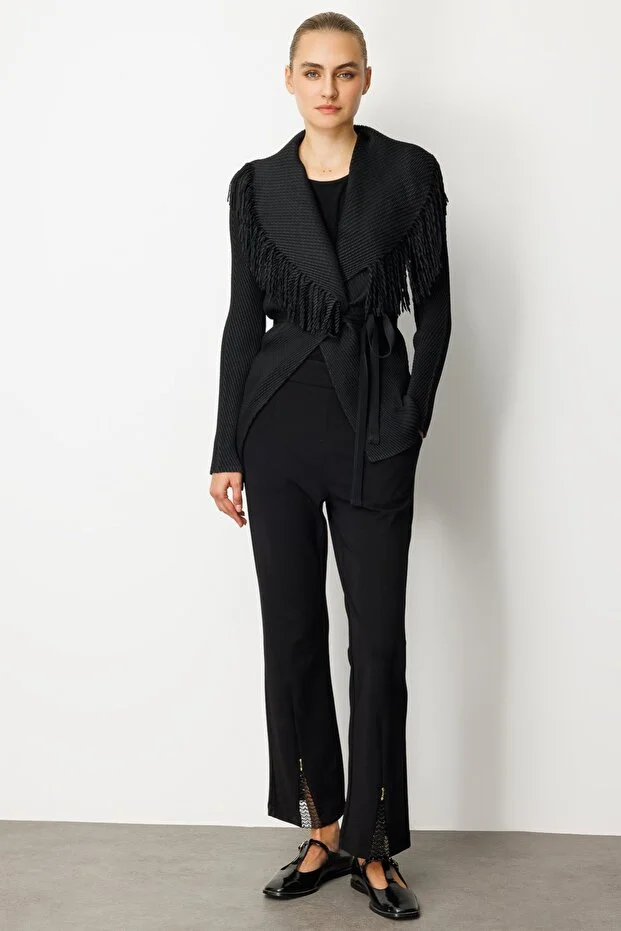 EKOL Beli Kuşaklı Püskül Detaylı Ceket 5905 - Siyah