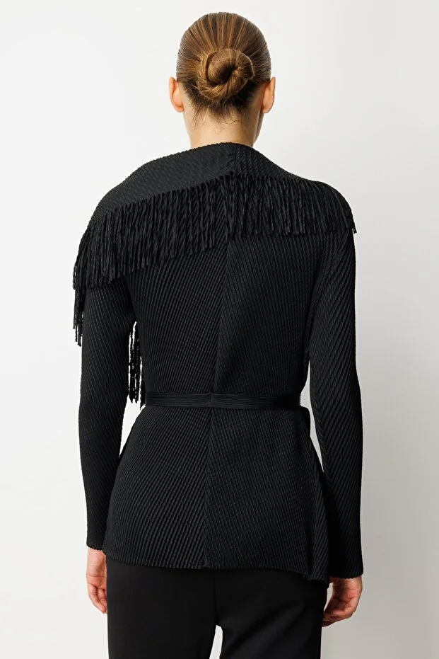 EKOL Beli Kuşaklı Püskül Detaylı Ceket 5905 - Siyah