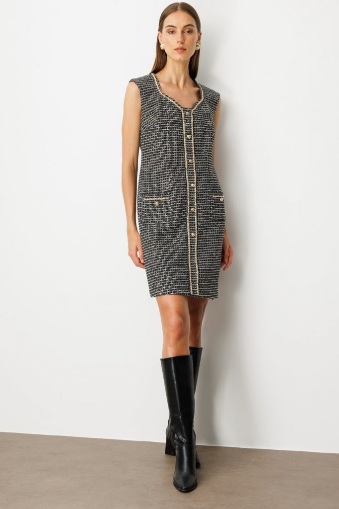 EKOL Zincir Detaylı Midi Tüvit Elbise  4001