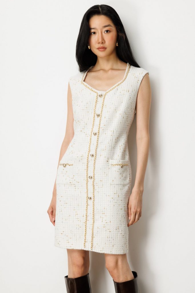 EKOL Zincir Detaylı Midi Tüvit Elbise  4001 - EKRU