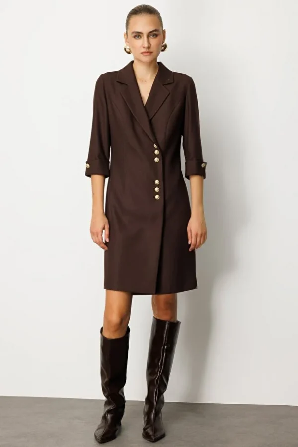 EKOL Kruvaze Yaka Düğmeli Elbise 4009