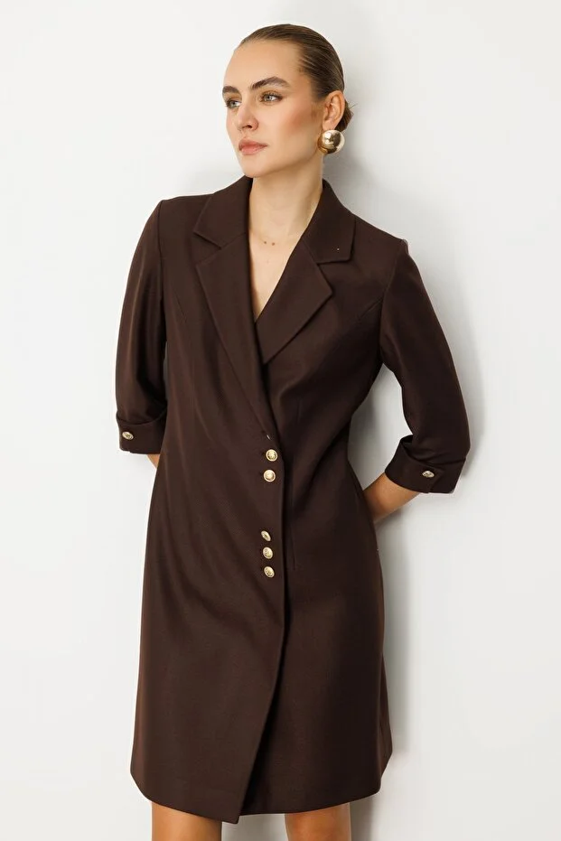 EKOL Kruvaze Yaka Düğmeli Elbise 4009 - kahve