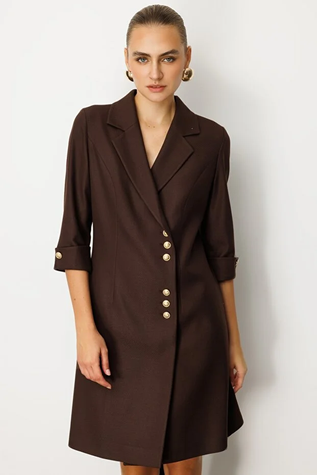 EKOL Kruvaze Yaka Düğmeli Elbise 4009 - kahve