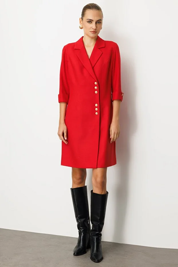 EKOL Kruvaze Yaka Düğmeli Elbise 4009 - KIRMIZI