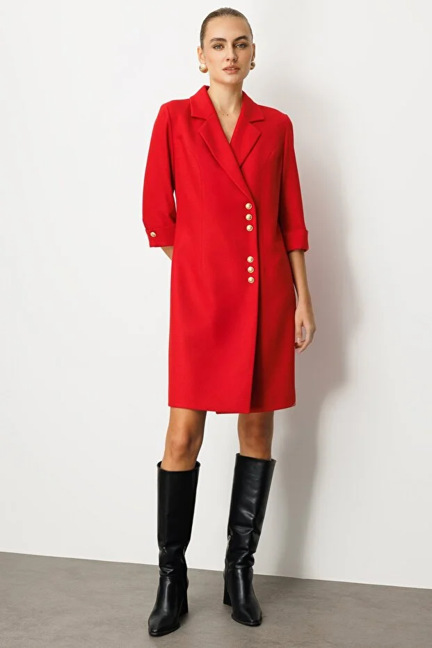 EKOL Kruvaze Yaka Düğmeli Elbise 4009 - KIRMIZI