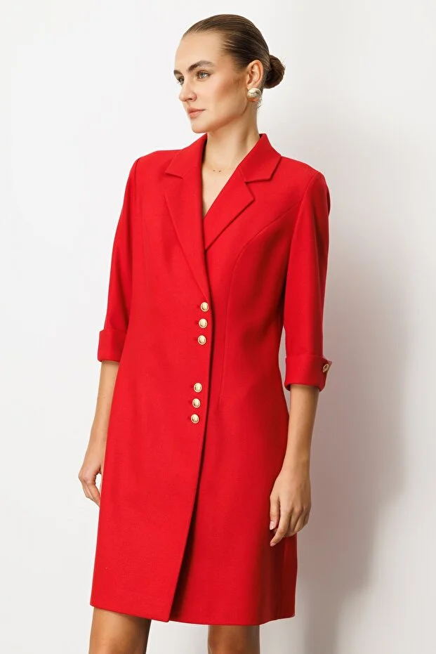 EKOL Kruvaze Yaka Düğmeli Elbise 4009 - KIRMIZI