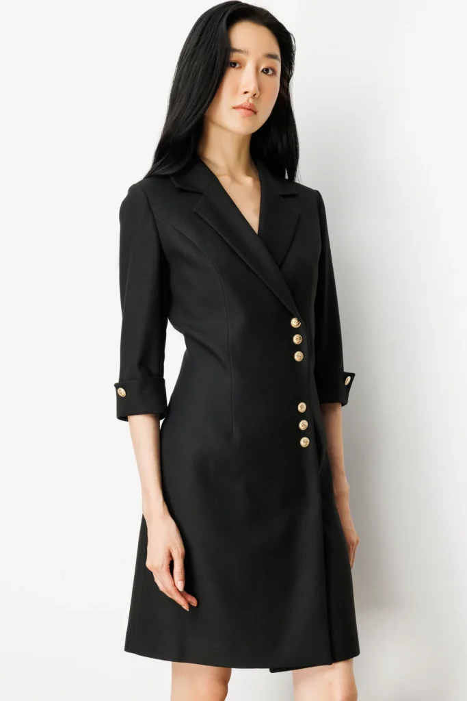 EKOL Kruvaze Yaka Düğmeli Elbise 4009 - Siyah