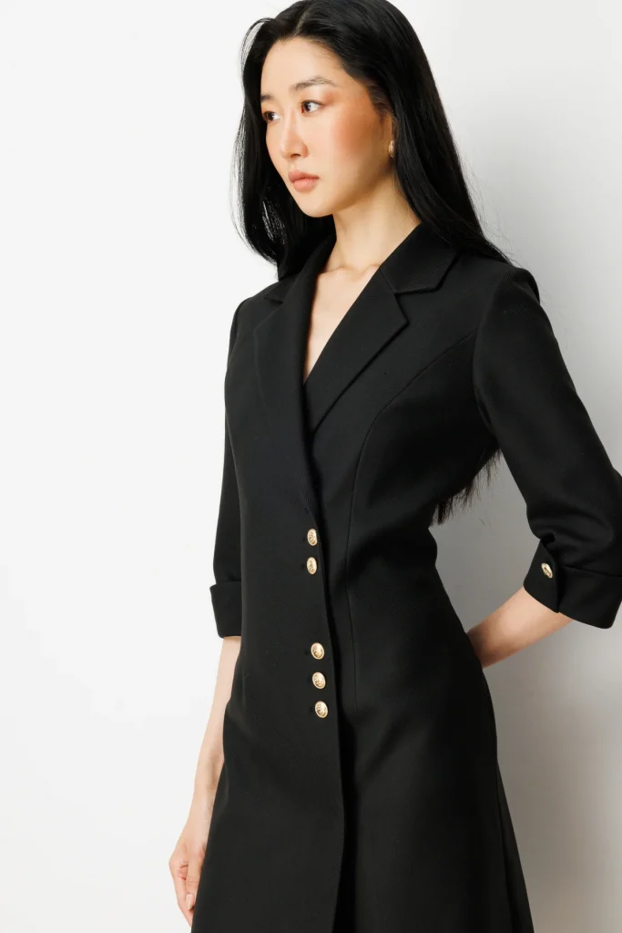 EKOL Kruvaze Yaka Düğmeli Elbise 4009 - Siyah