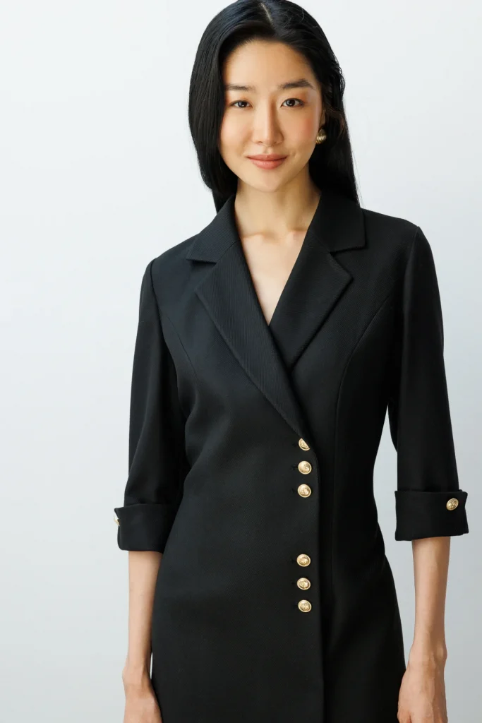 EKOL Kruvaze Yaka Düğmeli Elbise 4009 - Siyah