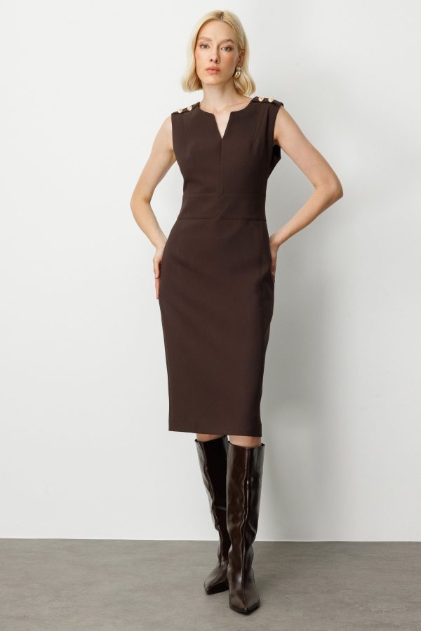 EKOL Süs Düğme Detaylı Kolsuz Kadın Elbise 4015