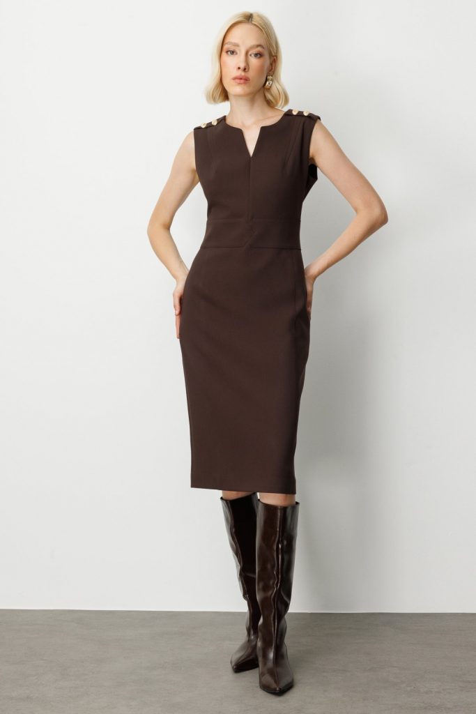 EKOL Süs Düğme Detaylı Kolsuz Kadın Elbise 4015 - kahve