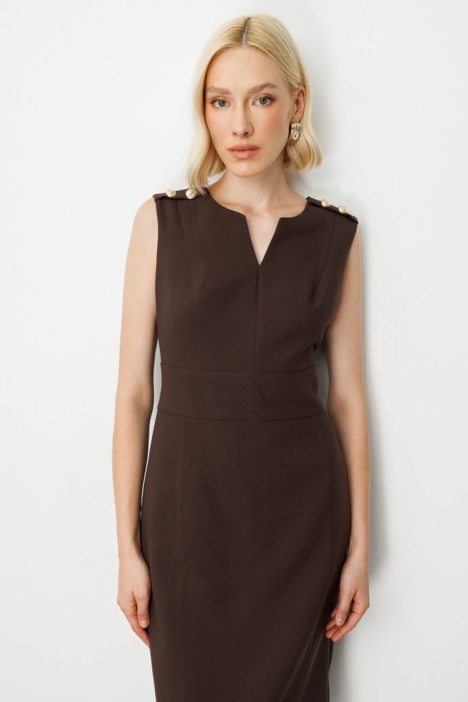 EKOL Süs Düğme Detaylı Kolsuz Kadın Elbise 4015 - kahve