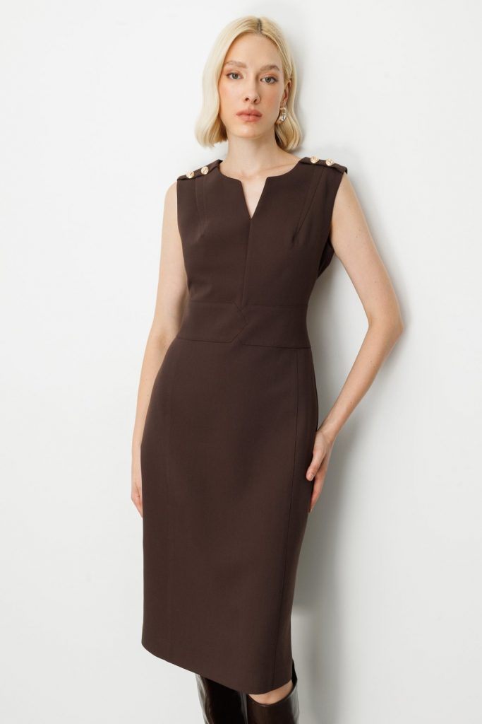 EKOL Süs Düğme Detaylı Kolsuz Kadın Elbise 4015 - kahve