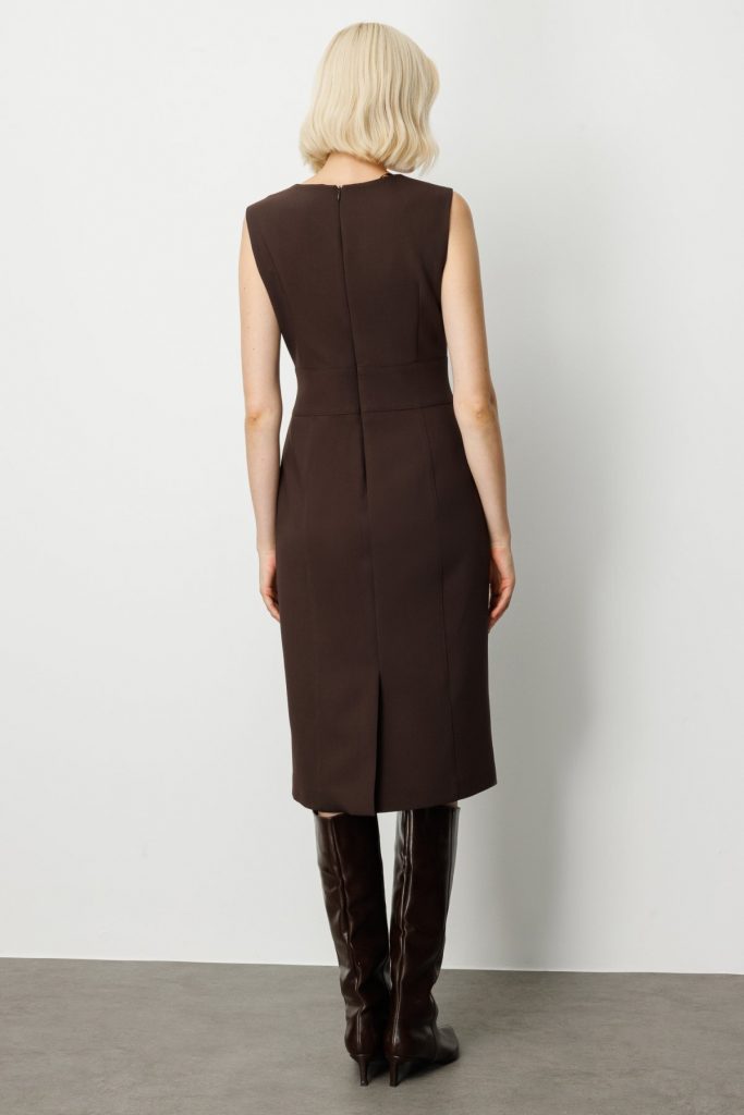 EKOL Süs Düğme Detaylı Kolsuz Kadın Elbise 4015 - kahve