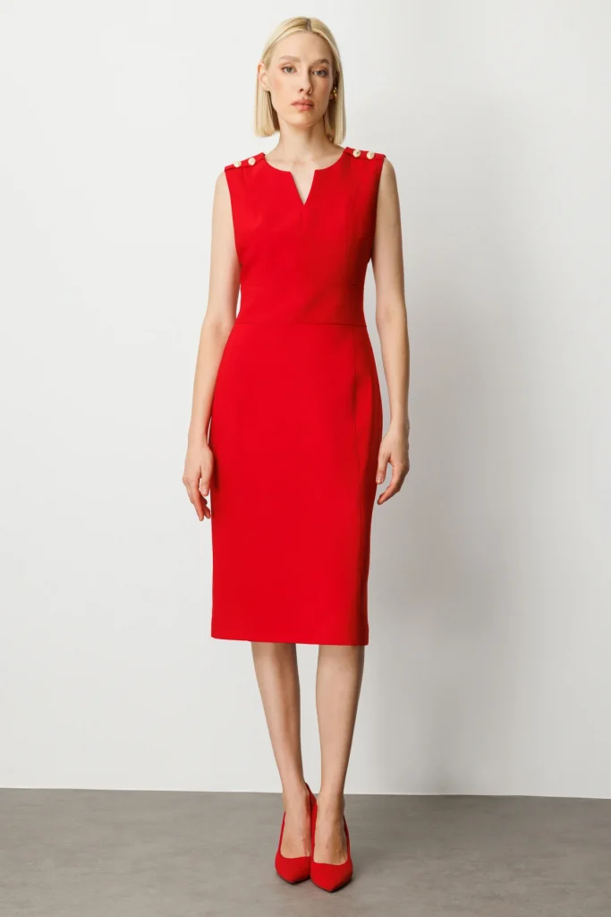 EKOL Süs Düğme Detaylı Kolsuz Kadın Elbise 4015 - KIRMIZI