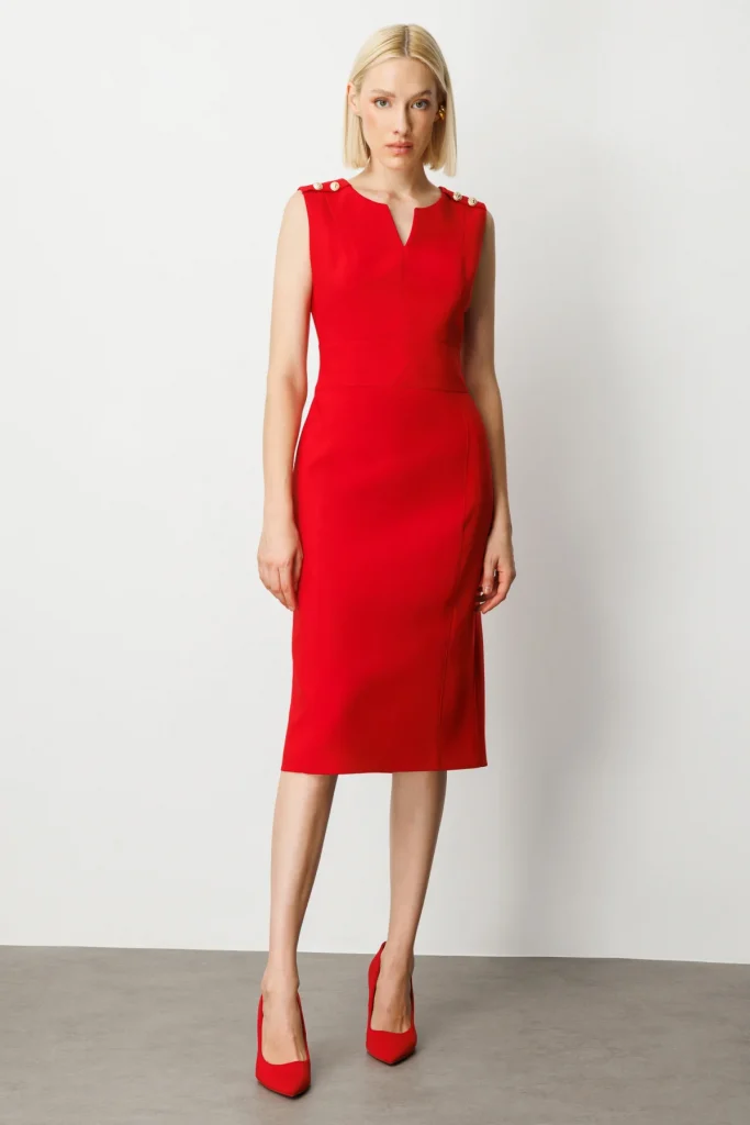 EKOL Süs Düğme Detaylı Kolsuz Kadın Elbise 4015 - KIRMIZI