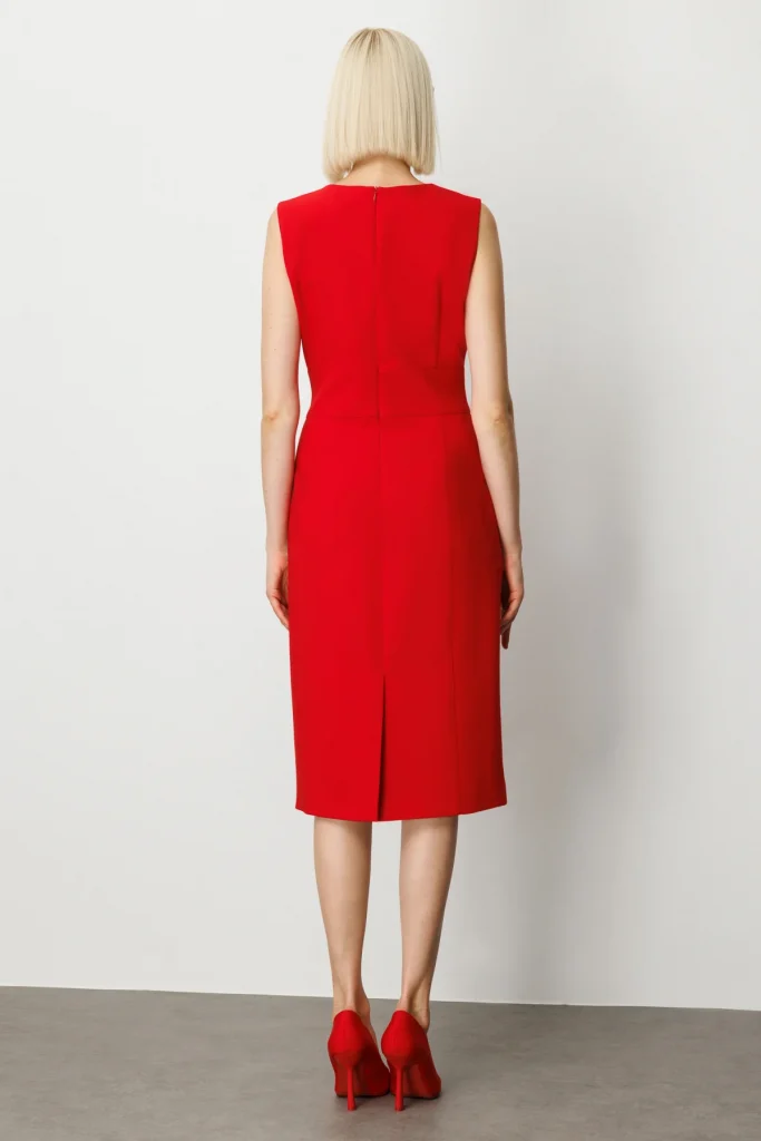 EKOL Süs Düğme Detaylı Kolsuz Kadın Elbise 4015 - KIRMIZI