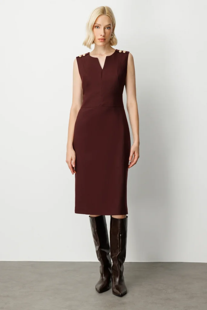 EKOL Süs Düğme Detaylı Kolsuz Kadın Elbise 4015 - bordo