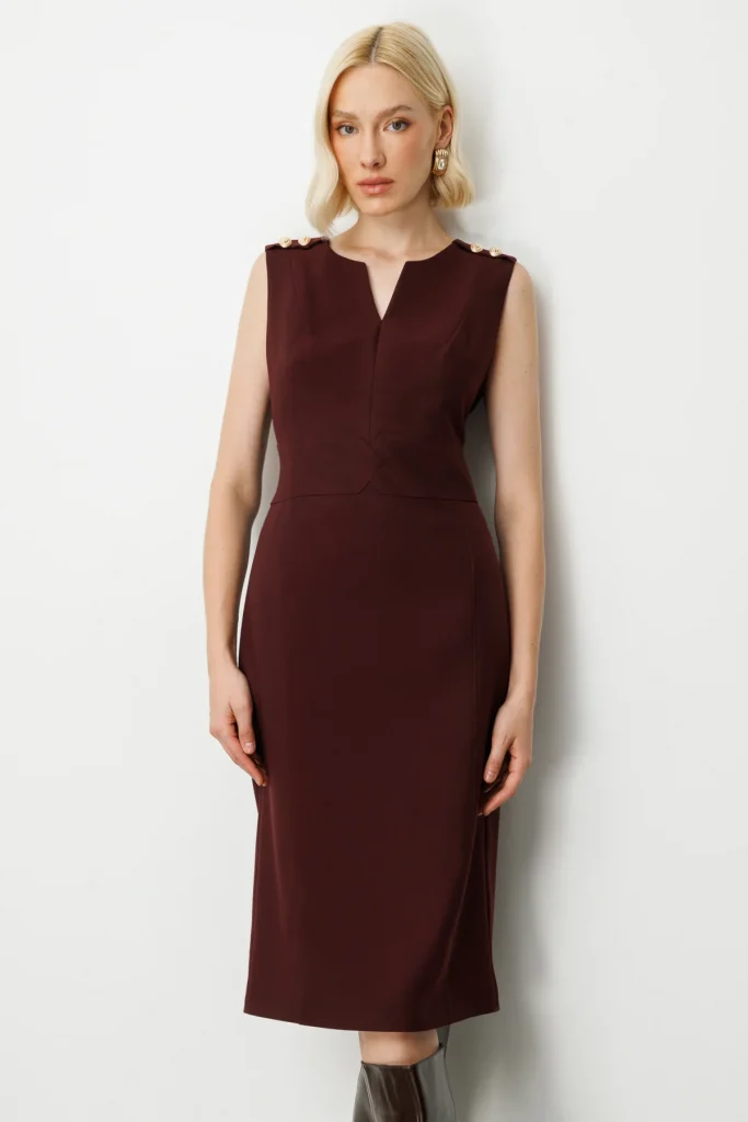 EKOL Süs Düğme Detaylı Kolsuz Kadın Elbise 4015 - bordo