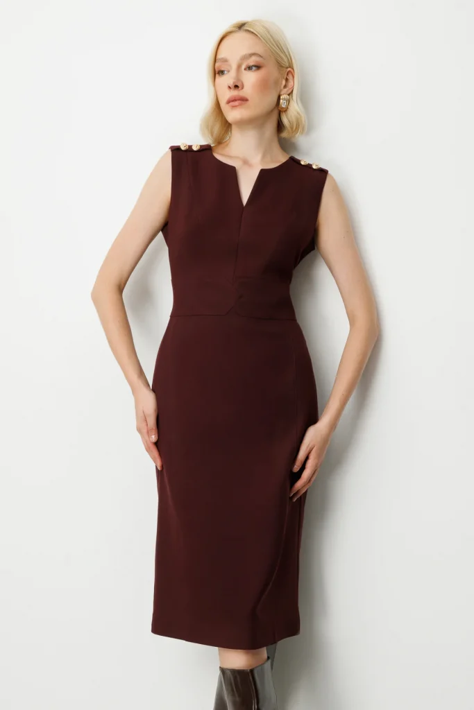 EKOL Süs Düğme Detaylı Kolsuz Kadın Elbise 4015 - bordo