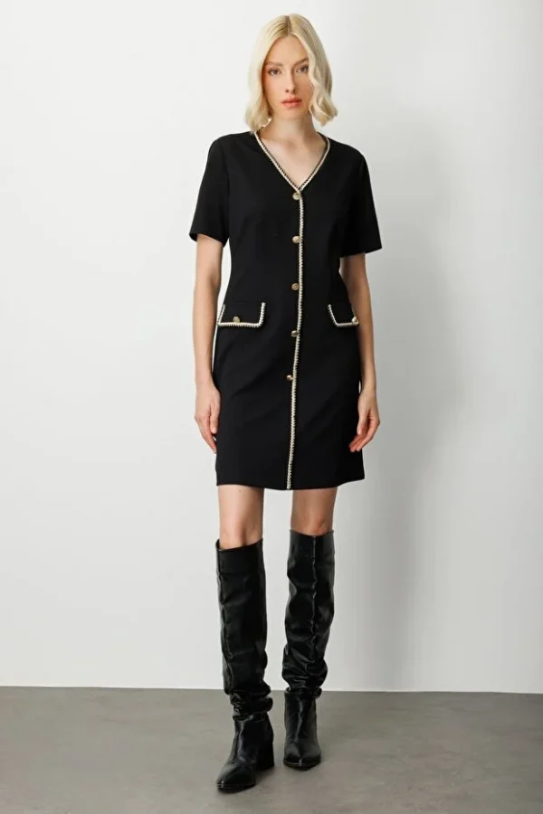 EKOL V Yaka Biyeli Midi Elbise  4021