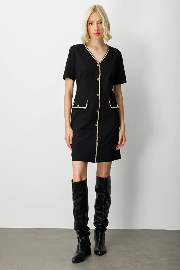 EKOL V Yaka Biyeli Midi Elbise  4021 - Siyah