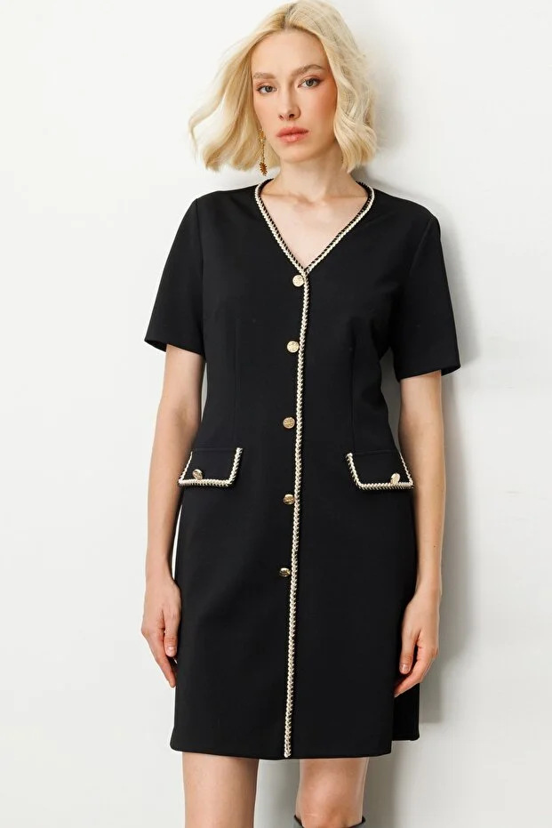 EKOL V Yaka Biyeli Midi Elbise  4021 - Siyah